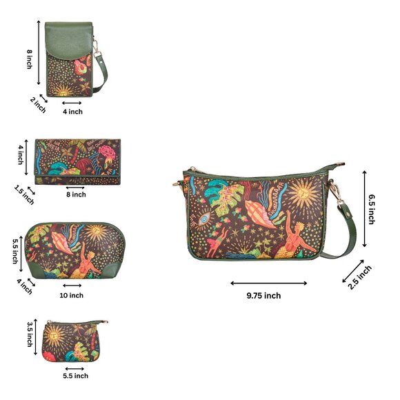 Women’s Fabric Printed 5-Pc Combo–Hobo, Phone Bag, Wallet, Cosmetic & Coin Pouch - Picture 2 of 9